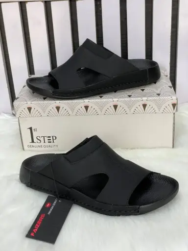 FAIZERS Men Fashion Palm Leather Slippers All Black 