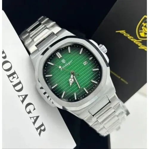 POEDAGAR Exclusive Mens Silver Green Face Wristwatch