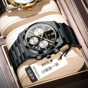 POEDAGAR Stainless Sophisticated Chronograph Chain Black Designer Wristwatch For Men