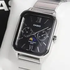 Unisex Stainless Steel CASIO Wristwatch-Silver Strap with Black Face